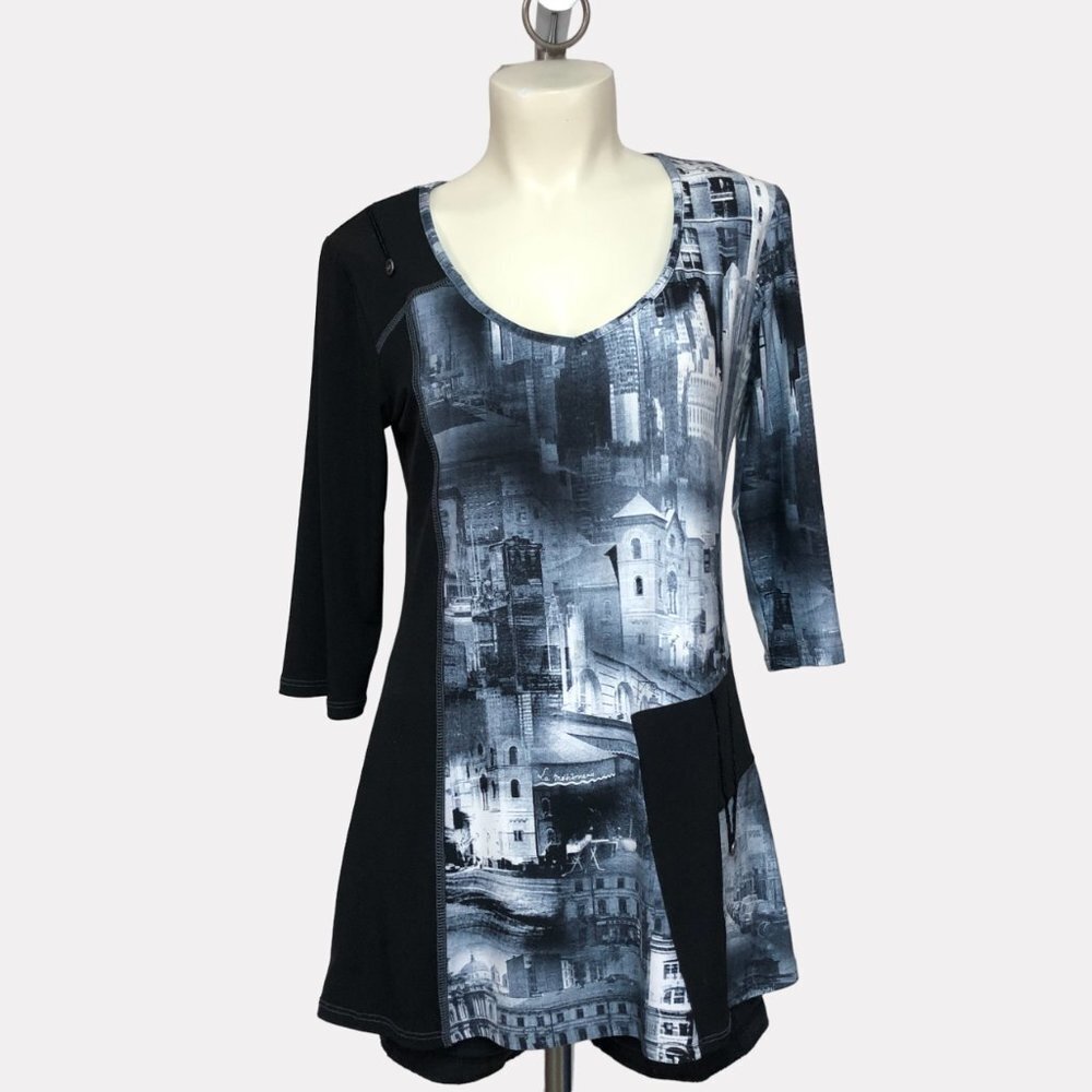 ARDOISE Blue/Grey 3/4 Sleeve Flared Tunic Top Street Scene Size Med